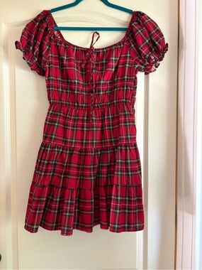Hot Topic Red Plaid Puff Sleeve Tiered Dress